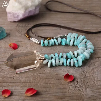 

Natural Smoky Citrines Quartz Double Point Pendant Amazonite Chip Beads Leather Knotted Handmade Necklace Fashion Women Jewelry