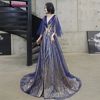 

Elegant Sparkle Evening Dresses Long ES3251 A-Line Double V-Neck Appliques Ruffles Sleeves Tulle Evening Gowns Vestidos