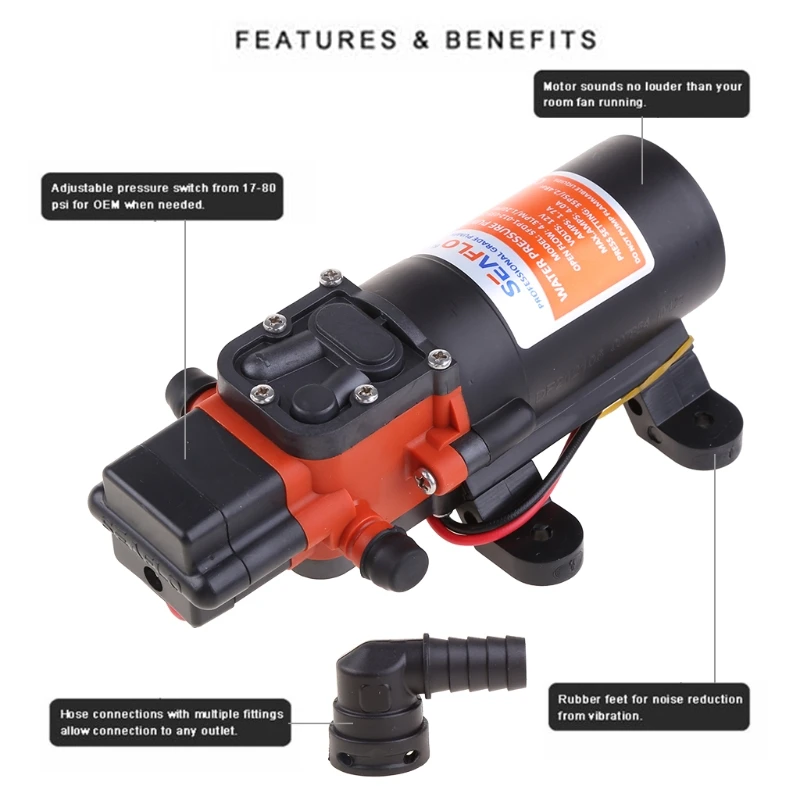 Marine 12V DC Electric Fresh Water Pressure Pump Diaphragm Pump Self-priming Spray 35 PSI Capable of Being Run Dry