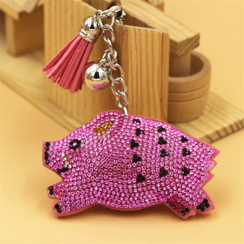 

Cute Cartoon Animals Pig Keychains For Women Girls PU Leather Rhinestones Tassel Key Chains Car Bag Pendant Keychain TZ24