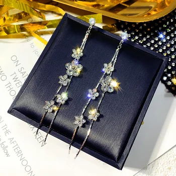 

Shiny Side New Women's Fashion Brand Jewelry Crystal Flower Stud Earrings for Women Gift Elegant Long Tassel Earrings