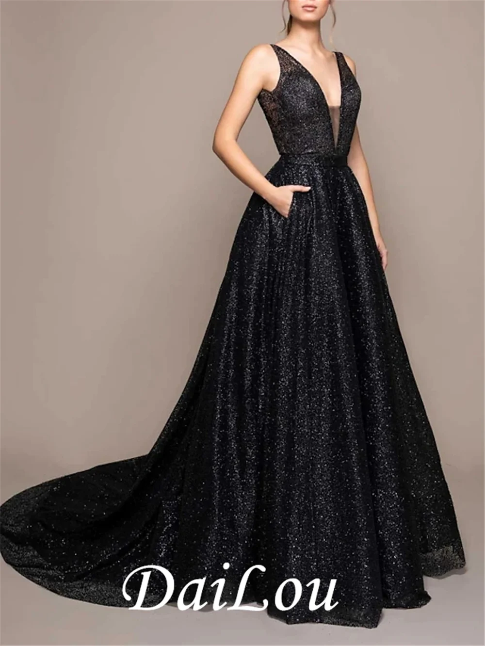 A-Line Beautiful Back Sexy Engagement Formal Evening Dress V Neck Sleeveless Court Train Sequined with Sequin 2022