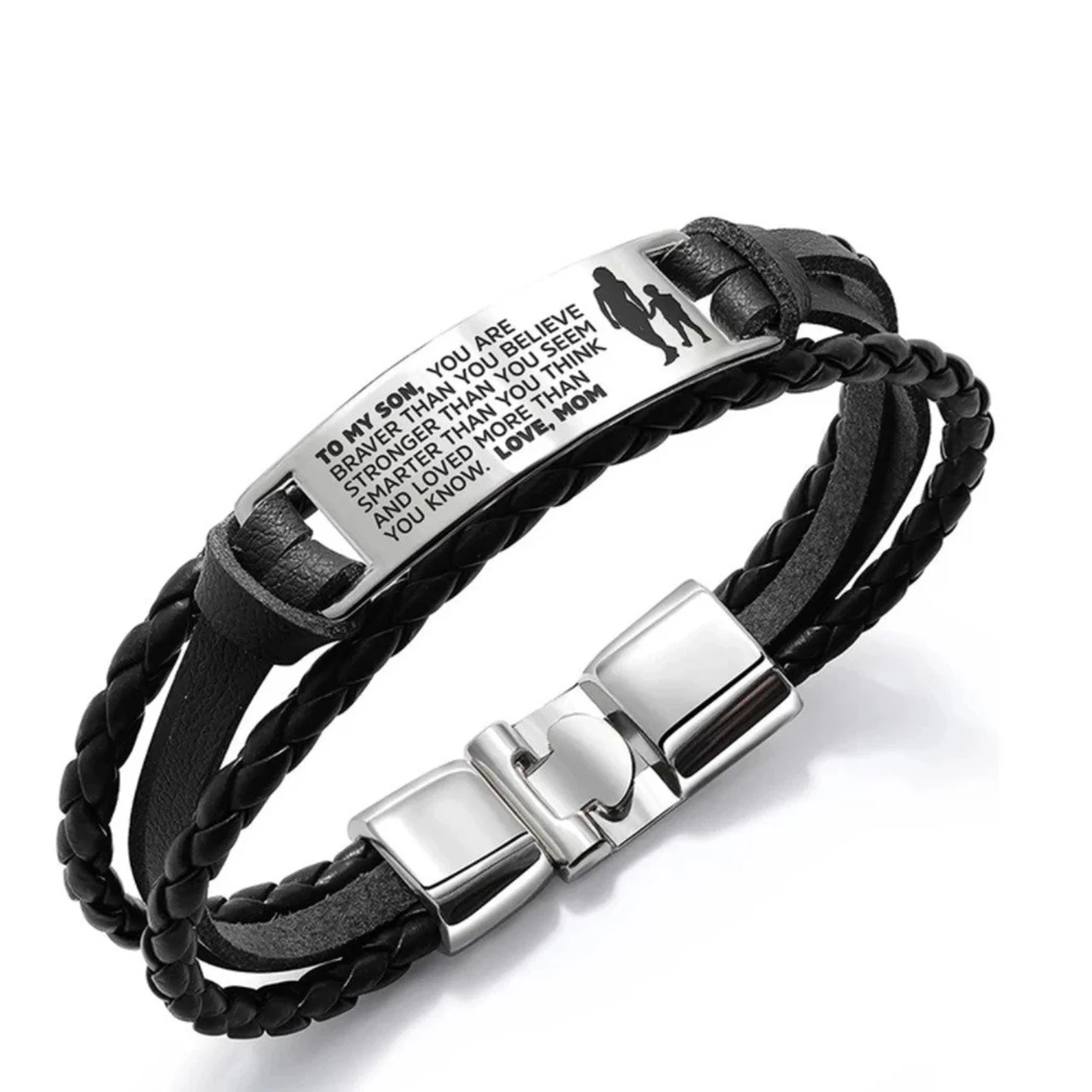 

To My Son From Mom and Dad Hand-Woven Retro Multi-Color Engrave Name Leather Bracelet for Men Stainless Steel Bracelets Jewelry