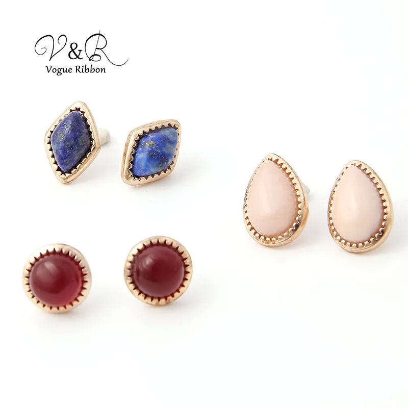 Assorted Multiple Sized Geometric Shaped Natural Stone Earring Set of 3 pairs (1)