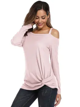 

Womens hot sale autumn winter waffle shirt one shoulder strap long sleeve irregular twist knot lady t-shirt