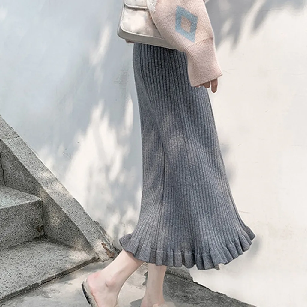 Элегантная трикотажная юбка миди для женщин осень зима Корейская юбка до середины икры с высокой талией Женская длинная юбка с волнистым краем