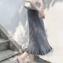 Элегантная трикотажная юбка миди для женщин осень зима Корейская юбка до середины икры с высокой талией Женская длинная юбка с волнистым краем