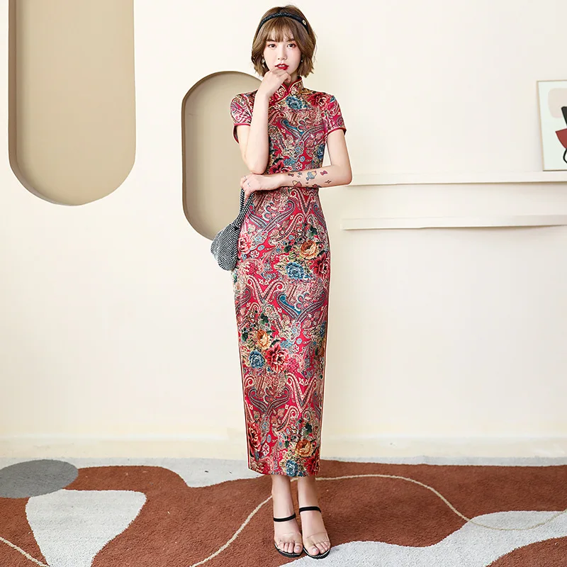 Long Cheongsam Slim Slik Vintage Long Dress Chinese Traditional Costumes Summer Dresses 4XL 8 Colors