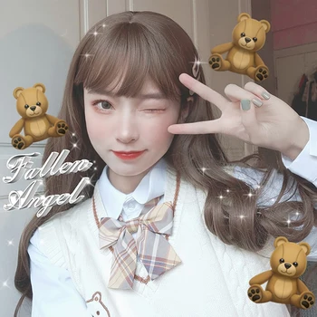 

HUAYA Long Wavy Synthetic Wig with Air Bangs Women's Heat Resistant Lolita Cosplay Wave Wig Brown Black Daily Party False Hair