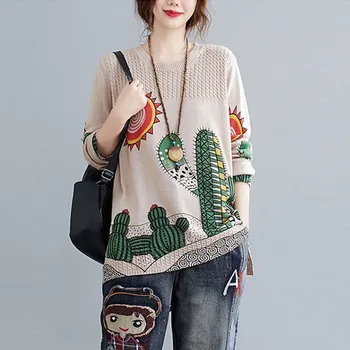 

Women Autumn Casual Sweaters New Arrival 2020 Simple Style Vintage Print O-neck Loose Female Long Sleeve Knitted Pullovers S1934