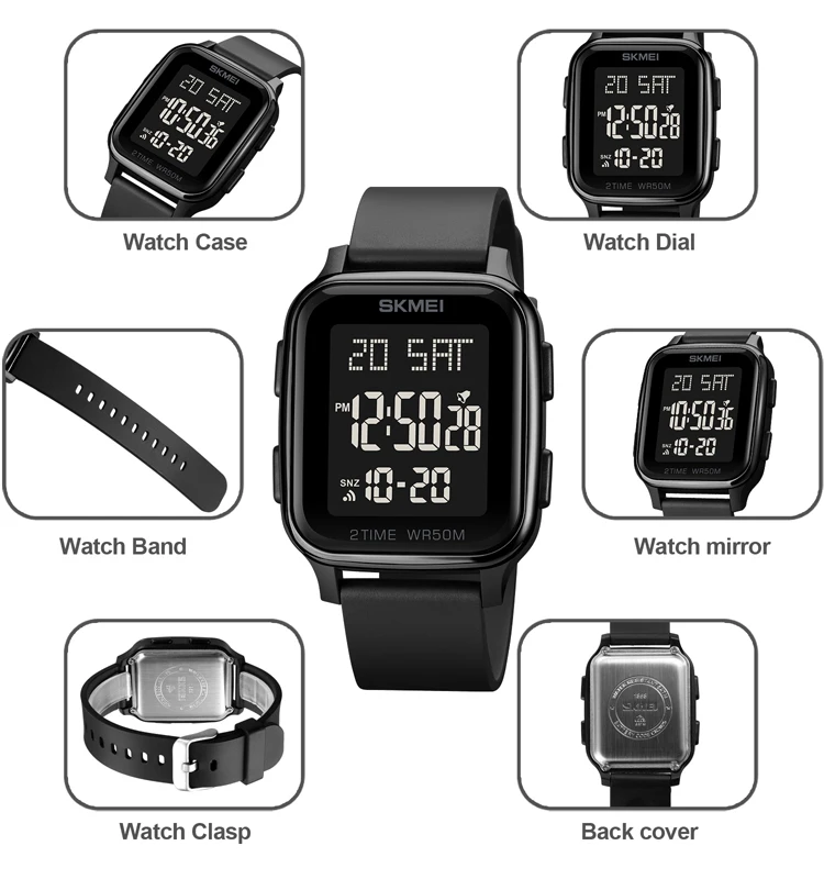 SKMEI Multifunctional LED Light Display Countdown Calendar Digital Wristwatches For Mens 5Bar Waterproof Sports Watch Alarm 5