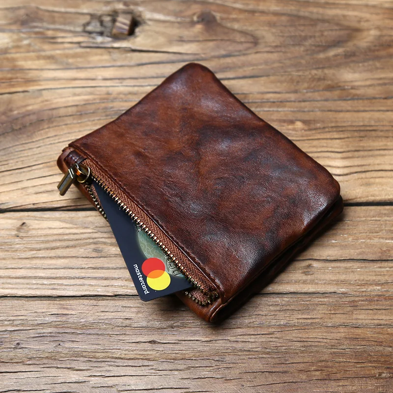 NZPJ Men's Cowhide Retro Wallet Leather Women's Short Wallet Vegetable Tanned Leather Vertical Wallet Youth Zipper ID Card Case