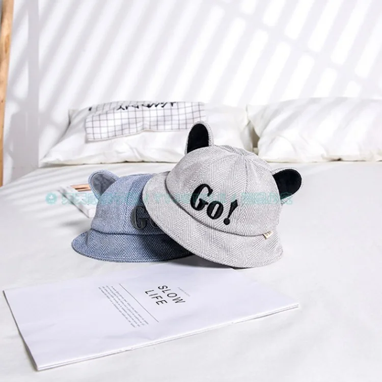

2019 Autumn And Winter Thick Infant Bucket Hat Men And Women Baby Hat Bear Ear Cute Bucket Hat Embroidered Go Lettered