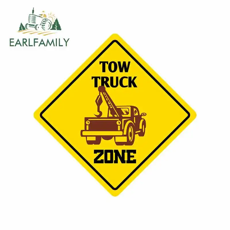 EARLFAMILY 13cm x 13cm for Tow Truck Crossing Sign Car Stickers Vinyl Sunscreen RV VAN JDM Car Accessories Graphics Cartoon