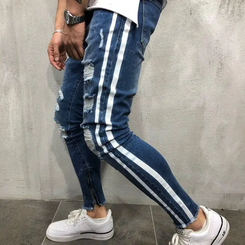 

Men's Knee Hole Jeans Fashion Streetwear Slim Fit Feet Denim Trousers Man Casual Distressed Ripped Skinny Pants Plus Size S-3XL