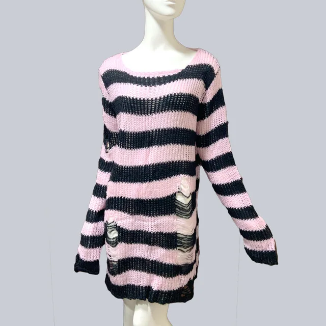 Панк готический размера плюс длинный, унисекс свитера для женщин в полоску Прохладный выдалбливают отверстие сломанные Джемперы пуловер Свободный свитер