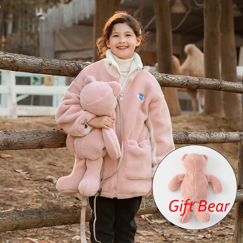 

Girls Teddy Coat with Bear Bag Teenager Kids Thicken Warm Overcoat Autumn Winter Children's Fashion Casual Outwear for 3-12Y