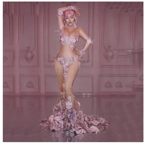 

See Through Long Dress Pink Flowers 3D Pattern Mesh Stretch Birthday Party Dress Women Singer Performance Costume