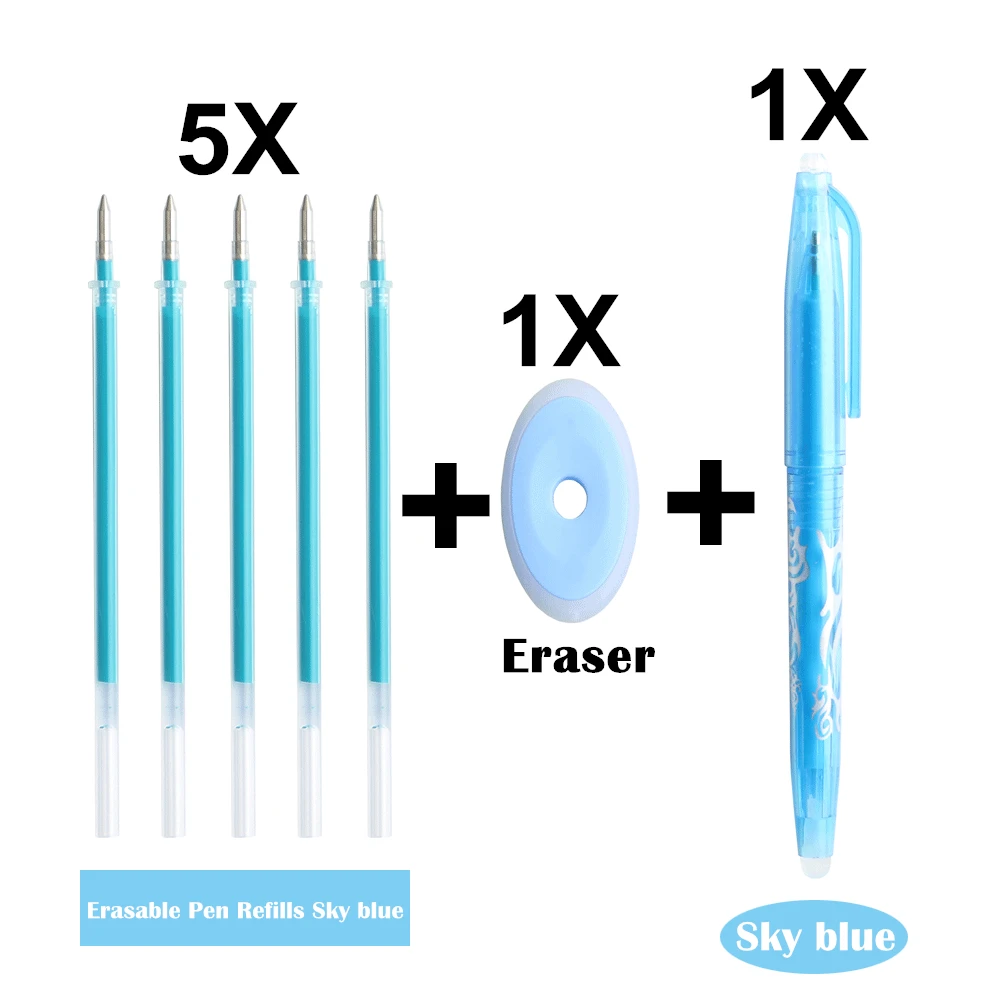 7 шт./лот, стираемая ручка, набор для заправки, моющаяся ручка, многоцветные чернила, 0,5 мм, стираемая ручка, стержень, школьные, офисные, канцелярские принадлежности - Цвет: 7PCS Sky Blue