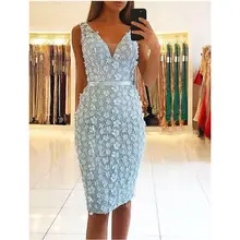 Лидер продаж, Элегантные Короткие бальные платья Комплект синего цвета туфли ручной работы с цветочным принтом с v-образным вырезом без рукавов, с лентами и поясом длиной до колен Выпускной платье для девочек