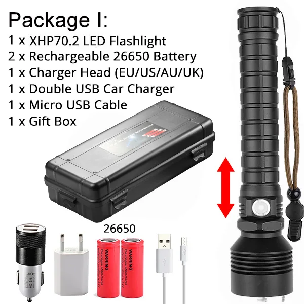 With 2-26650 Battery Светодиодный светильник-вспышка, самый мощный XLamp XHP50, Перезаряжаемый USB фонарь с зумом XHP70 18650 26650, охотничий фонарь, светильник для самозащиты - Испускаемый цвет: With 2-26650 Battery
