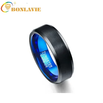 

BONLAVIE 8mm Width Wedding Band Tungsten Carbide Black Flat Frosted Surface + Blue Inner Ring Tungsten Steel Ring