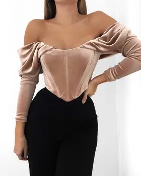 

High Quality 2020 Spring Ladies Club Bodycon Top Vestidos Fashion Women Off Shoulder Sleeve Solid Khaki Silk Top