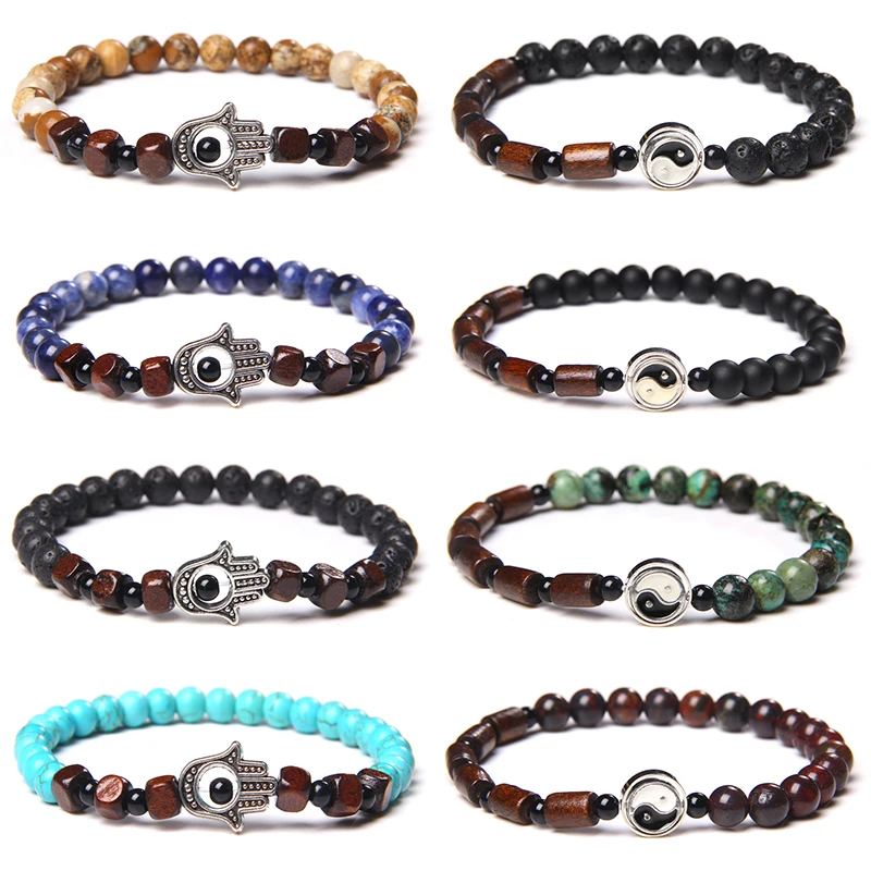 Мужской браслет с бусинами винтажный 6 мм подвесками из натурального камня рука