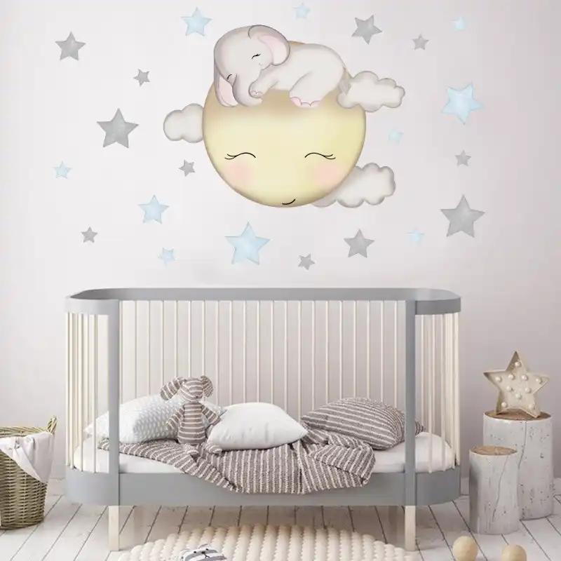 Lindo Elefante Pared De Estrellas Adhesivos Decoracion De Dormitorio Bebe Guarderia Ninos Decoracion Del Hogar Pared Adhesivos Nube Luna Estrellas Casa Etiqueta Engomada Adhesivos Para Pared Aliexpress