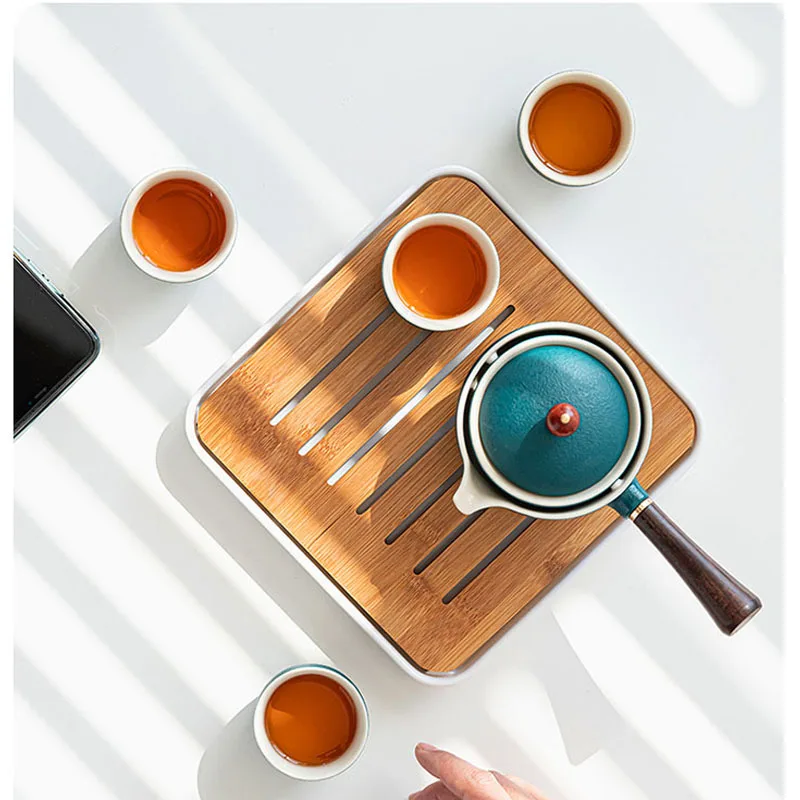 Ceramic Gongfu Kung Fu Tea Set, Cup Filter Teapot with Wooden Handle, Side-handle Automatic Spinning Pot, Travel Outdoor Teawa