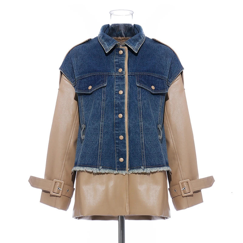 

patchwork hit color denim coats female lapel collar long sleeve high waist jackets for women Fashion Clothing 45