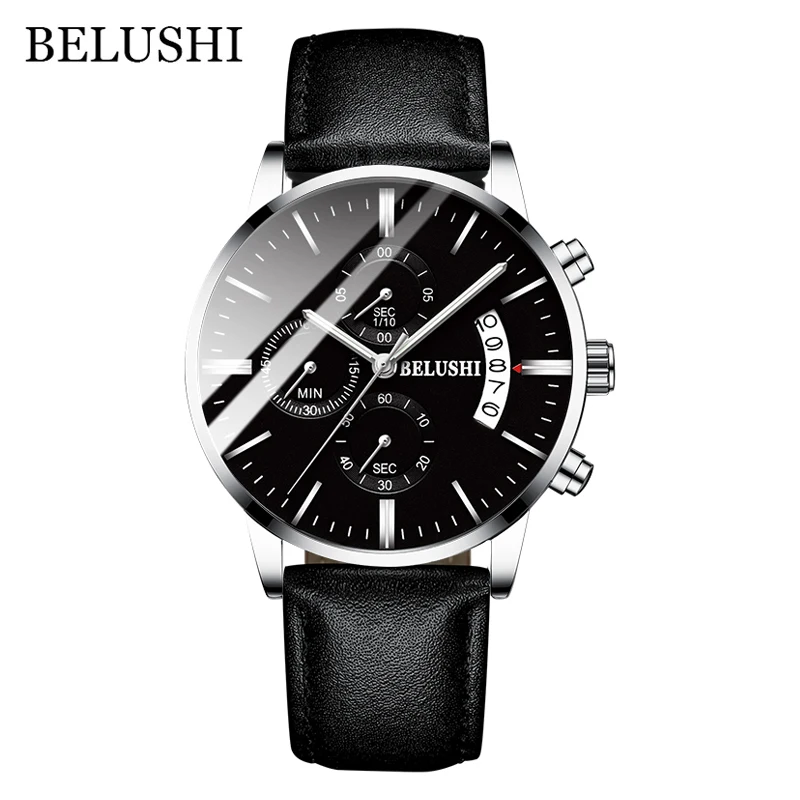 Relojes часы мужские модные спортивные кварцевые часы мужские часы с хронографом высококачественные Бизнес водонепроницаемые часы Relogio Masculino - Цвет: Leather Silver Black