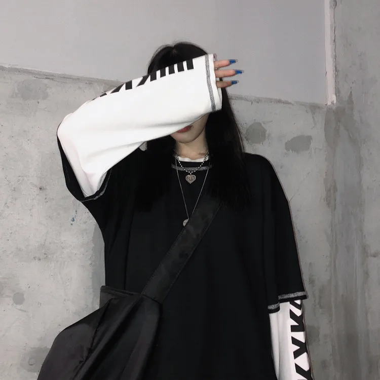 Woherb Harajuku поддельные 2 шт. футболки женские топы с принтом букв лоскутное Корейский Modis свободные весна осень леди футболка