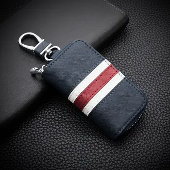 

Leather Striped Zipper Bag Car Key Case Universal Personalized Customized Remote Control Case for Men and Women (Blue)
