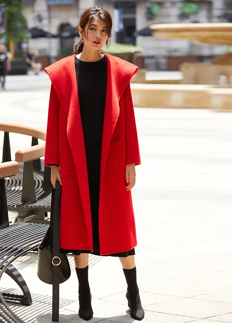 Двустороннее кашемировое Женское пальто с капюшоном, Осень-зима, шерстяное пальто, женское Красное повседневное пальто 8771