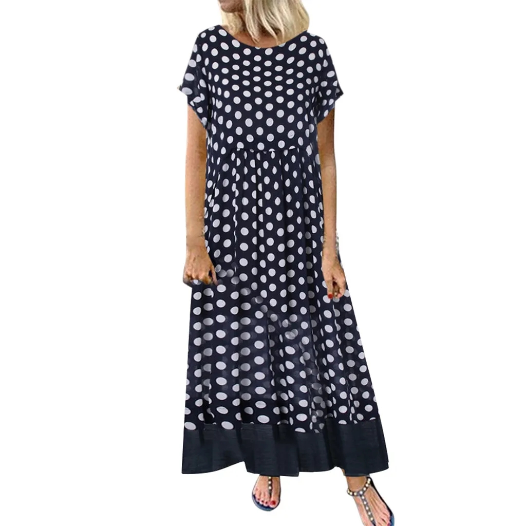 Women Polka Dot Print Fake Two Pieces Long Dress O-Neck Short Sleeve Summer Plus Size Maxi Dress Big Size Mid Casual Beachwear