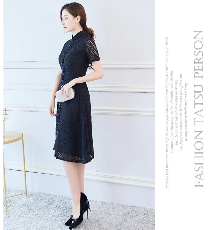 Короткое стильное Черное женское Мини Cheongsam летнее китайское кружевное тонкое элегантное платье Qipao Новое поступление Vestidos Размер M L XL XXL XXXL
