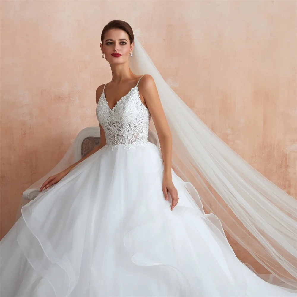 Princess Lace Appliques Long Wedding Dress White Ivory Tulle Bride Wedding Gowns Sexy V Neck Open Back Ball Gown Wedding Dresses (7)