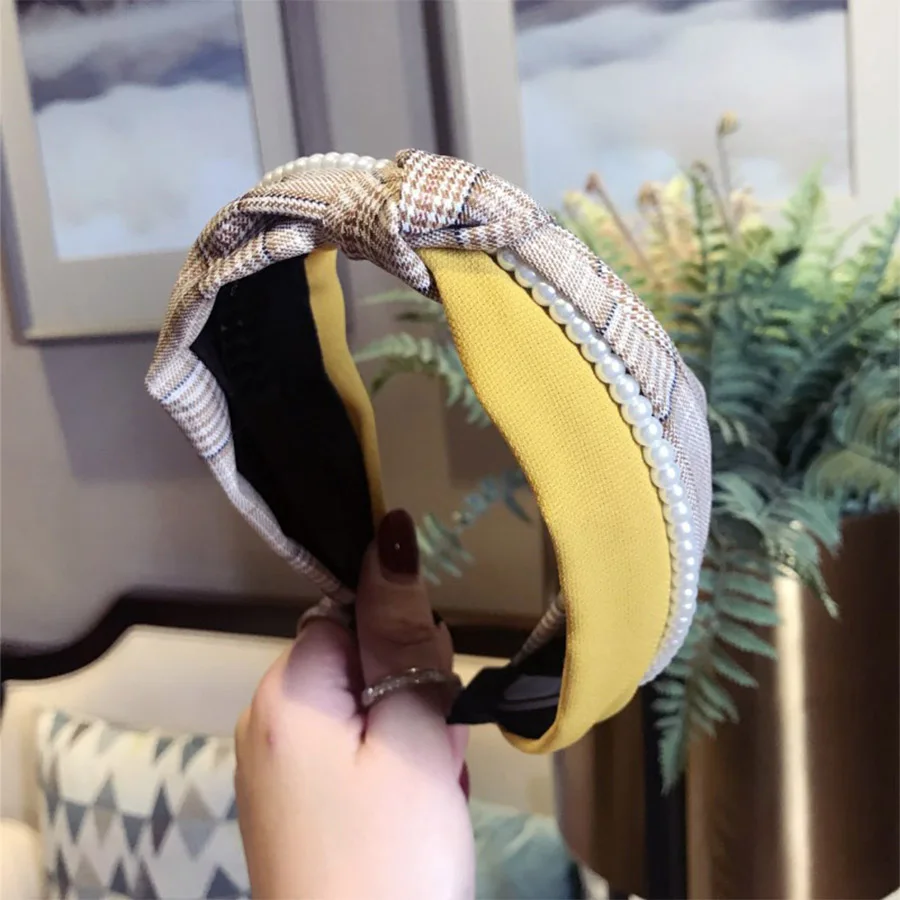 Haimeikang Fashion Plaid Headband Stitching Pearl Chain Bezel Head Hoop Cross Knotting New Wide-brimmed Hair Accessories - Цвет: Цвет: желтый