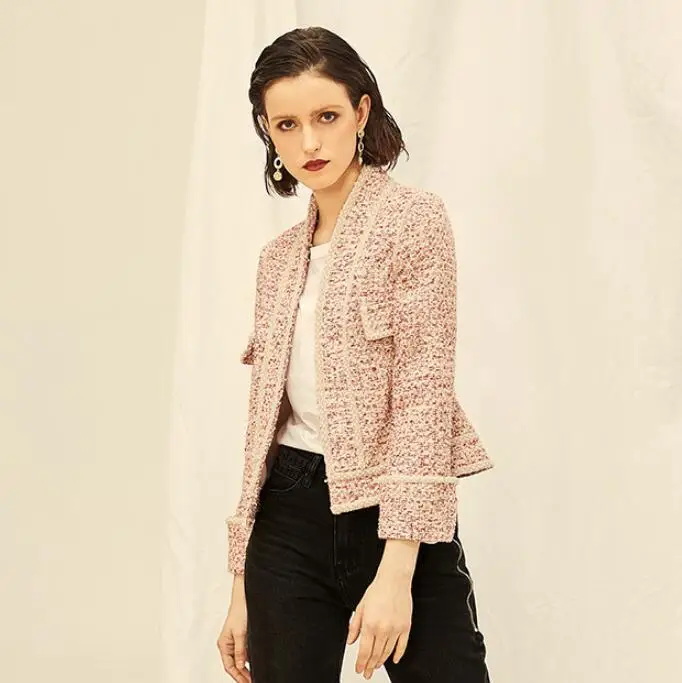 Tweed Jacket Coat Women Runway Wool Blazer Elegant Pearl Designer Slim Luxury Brand Pink Woolen Autumn Winter Ladies Top | Женская