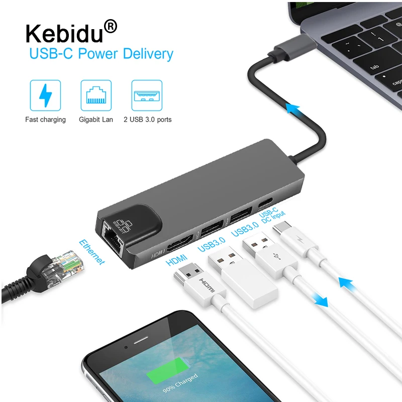 

5 in 1 USB Type C Hub Hdmi 4K USB C Hub to Gigabit Ethernet Rj45 Lan Adapter for Mac book Pro Thunderbolt 3 USB-C Charger PD