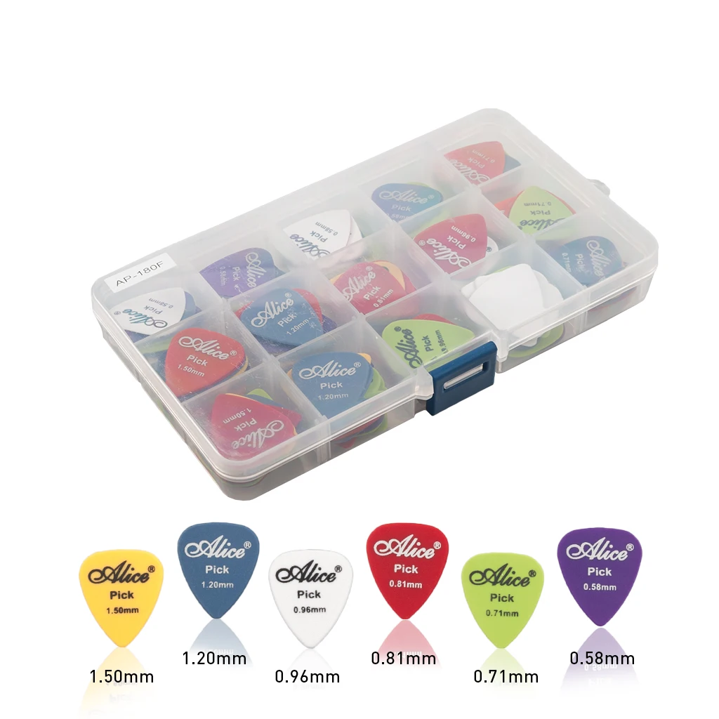 

180pcs Alice Colorful Plastic Acoustic Electric Bass Guitar Picks Pick Plectrum Various Colors 6 Thickness + 15 Grid Case