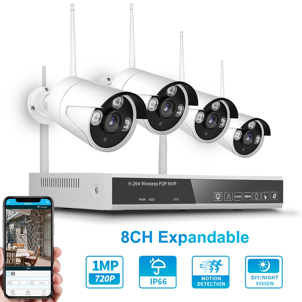 

8CH NVR+4 Cameras Wireless Security Surveillance System 1MP 720P WIFI Camera Home Security Video Surveillance Monitor Night
