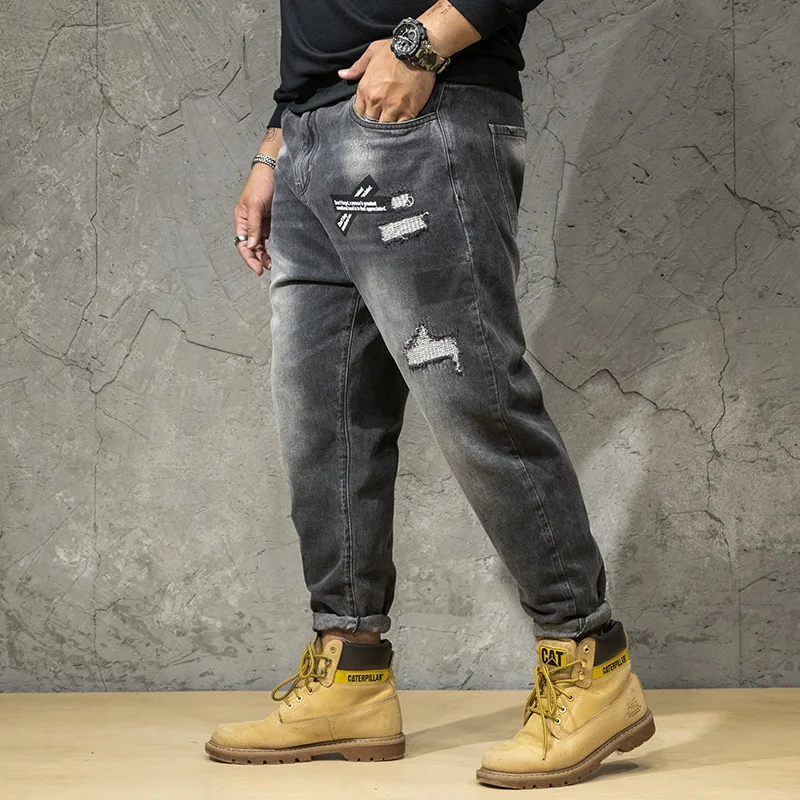 Джинсы мужские Новые Большие размеры мужские осенние мужские джинсовые штаны Свободные рваные патч джинсовые брюки больше размеров XL-7XL