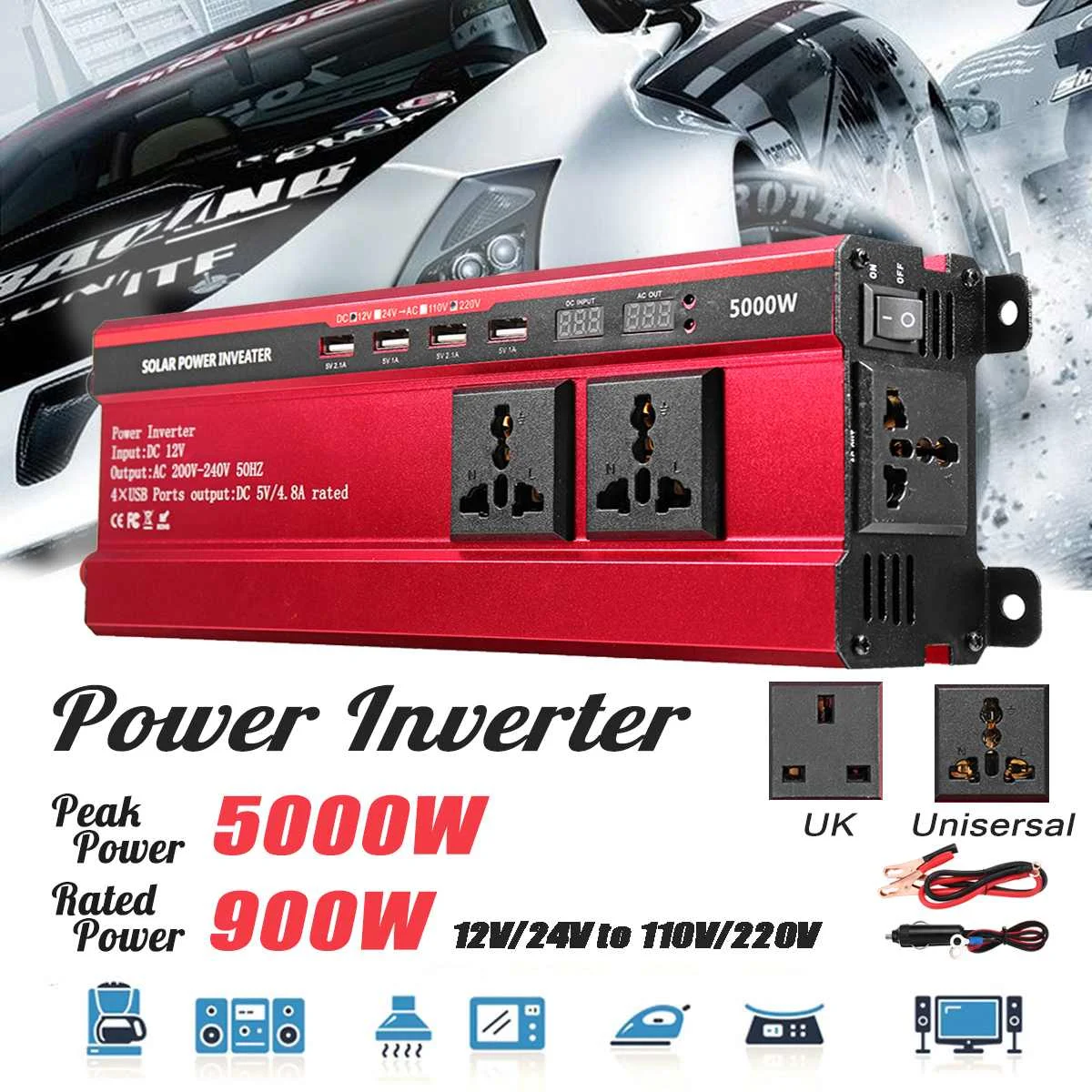 

12V 220V 5000W Solar Inverter Voltage Transformer Converter DC 12V To AC 220V Car Inverter UK/Universal Plug LCD