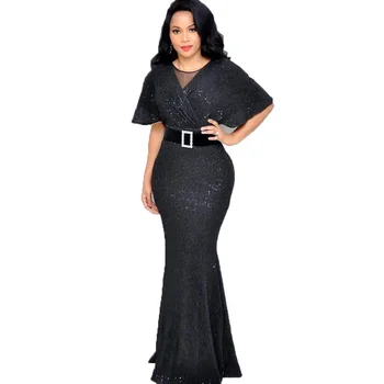 

New African Dresses for Women Elastic Sequins African Clothes Plus Size Bazin Riche Sexy Slim Short Sleeve Africa Robe Party