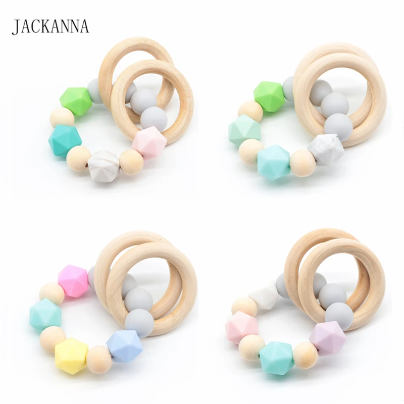 Baby Teether Bracelet Organic Wood Ring Rattle Teething Toy Silicone Beads Nursing Bracelets Chewable Teethers | Мать и ребенок