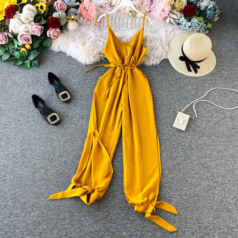 ALPHALMODA 2020 New Women Solid Sexy Jumpsuit Side Slit Binding Leg Ladies Summer Casual Sling Jumpsuit