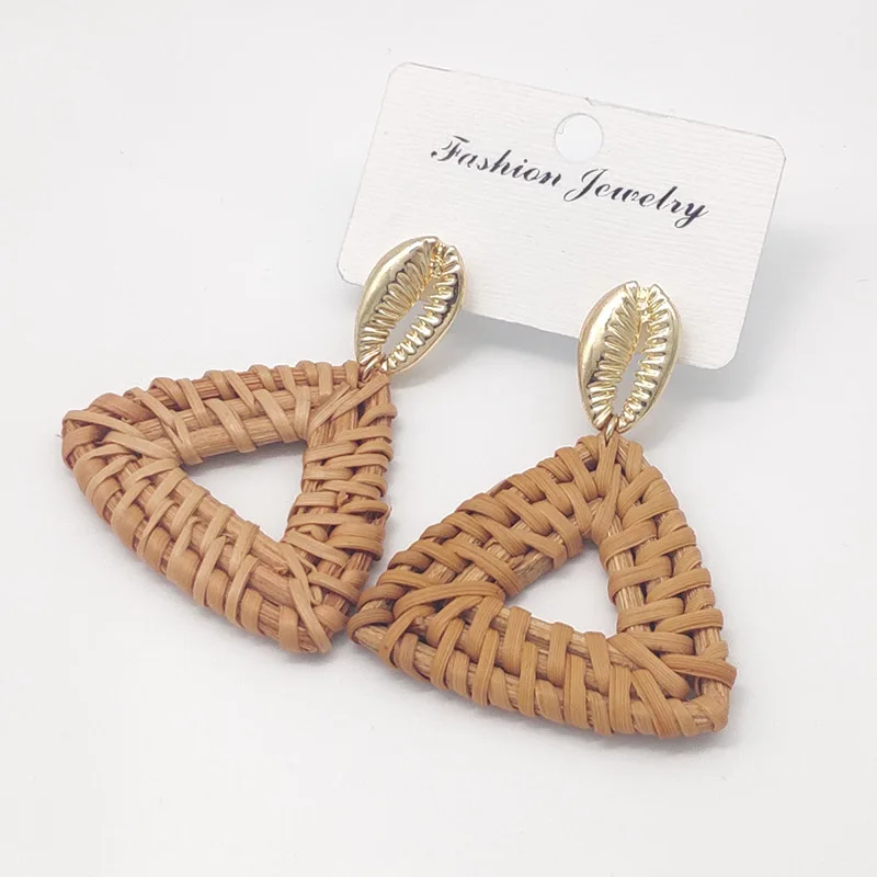 Bohemia Wicker Rattan Knit Earrings Ethnic Wood Bamboo Weaving Geometric Circle Statement Drop Earrings for Women Jewelry - Окраска металла: Metal shell 4