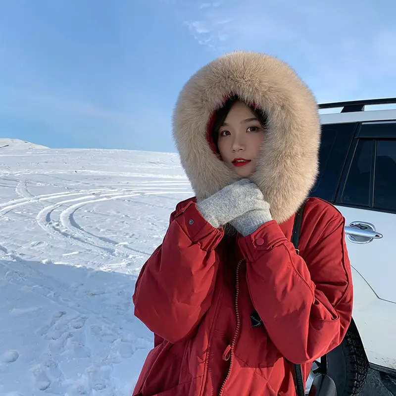 High fashion down jacket for women 2021 New long big fur collor hooded thick white duck down loose coat light winter cold snow
